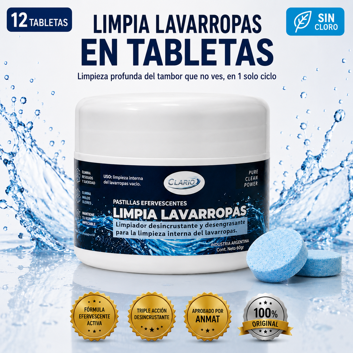 Pastillas Limpia Lavarropas CLARIO 12u Elimina Malos Olores